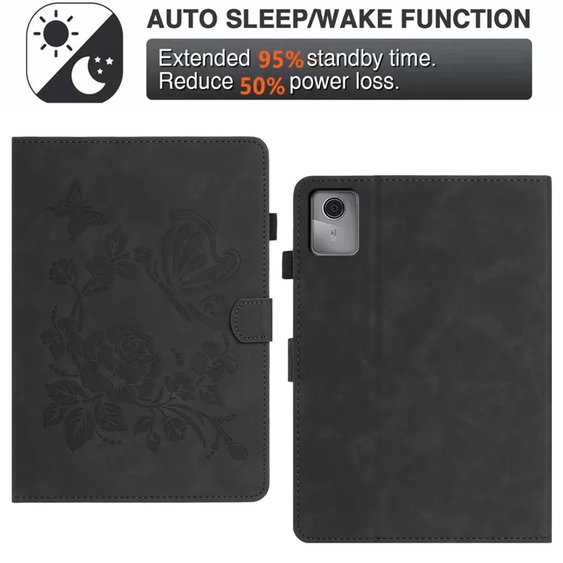 For Lenovo Tab M11 / Xiaoxin Pad 11 2024 Case Card Holder Stand Butterfly Floral Imprinted Leather Tablet Cover - Black