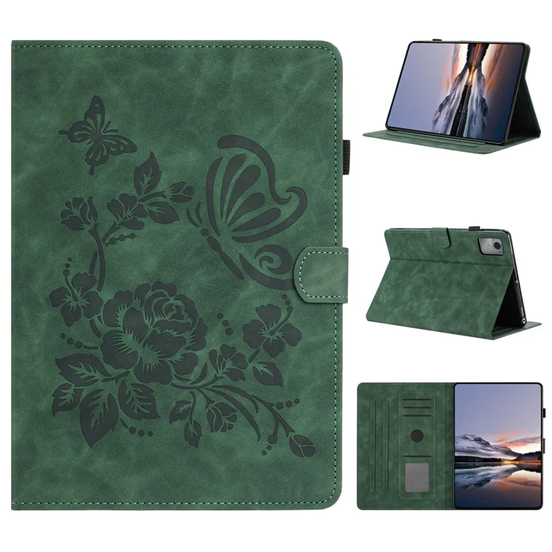 For Lenovo Xiaoxin Pad 11 2025 Case Card Holder Stand Butterfly Floral Imprinted Leather Tablet Cover - Green