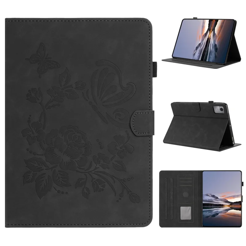 For Lenovo Xiaoxin Pad 12.1 (2025) Case Card Holder Stand Butterfly Floral Imprinted Leather Tablet Cover - Black