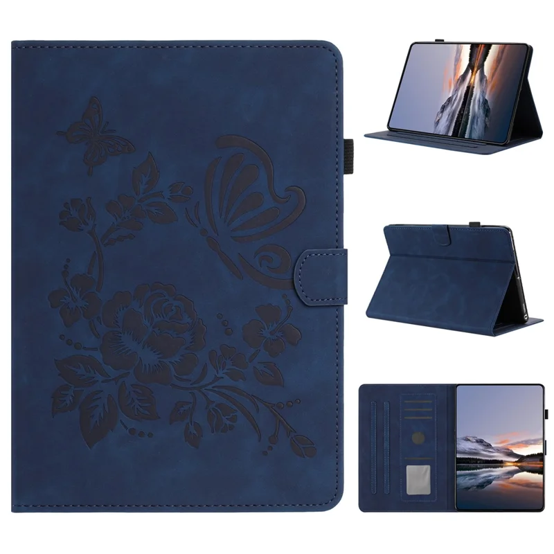 For Amazon Kindle 11th (2024) / 6" (2022) Case Card Holder Stand Butterfly Floral Imprinted Leather Tablet Cover - Blue