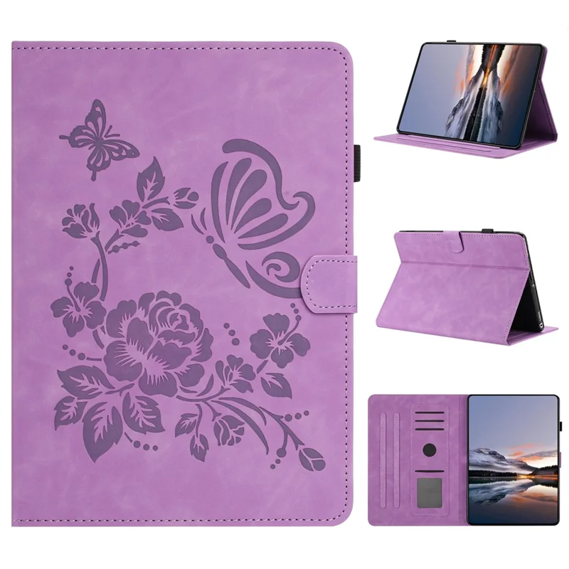 For Amazon Kindle Paperwhite (2024) Case Card Holder Stand Butterfly Floral Imprinted Leather Tablet Cover - Light Purple