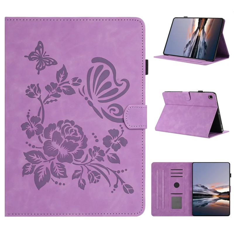 For Samsung Galaxy Tab A7 Lite 8.7-inch Case Card Holder Stand Butterfly Floral Imprinted Leather Tablet Cover - Light Purple