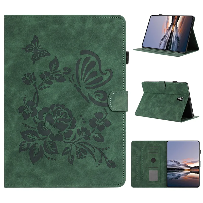 For Samsung Galaxy Tab A 10.5 (2018) Case Card Holder Stand Butterfly Floral Imprinted Leather Tablet Cover - Green