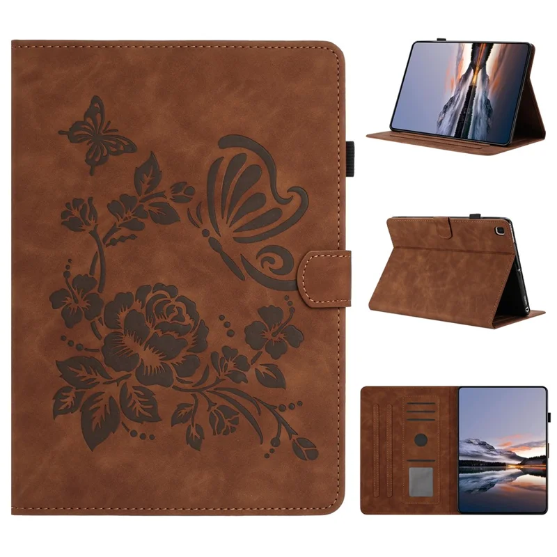 For Samsung Galaxy Tab S5e SM-T725 / SM-T720 Case Card Holder Stand Butterfly Floral Imprinted Leather Tablet Cover - Brown