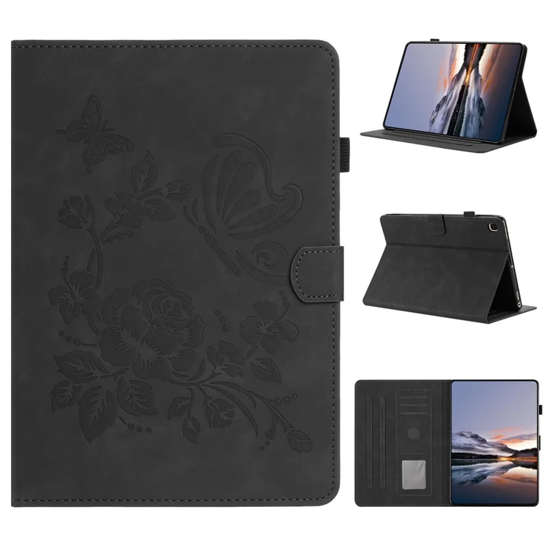 Tablet Case For Samsung Galaxy Tab S6 Lite (2024) / (2022) / (2020) Card Holder Stand Butterfly Floral Imprinted Leather Cover - Black