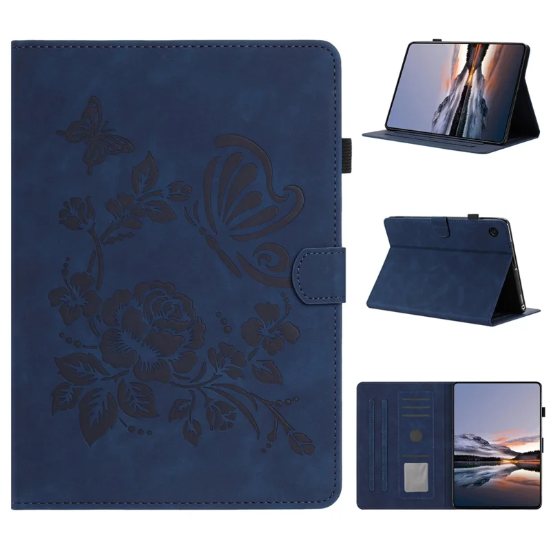 For Samsung Galaxy Tab A8 10.5 (2021) Case Card Holder Stand Butterfly Floral Imprinted Leather Tablet Cover - Blue