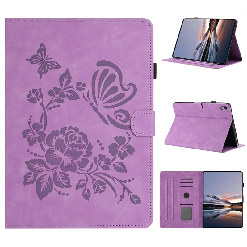 For Samsung Galaxy Tab S11 Case Card Holder Stand Butterfly Floral Imprinted Leather Tablet Cover - Light Purple
