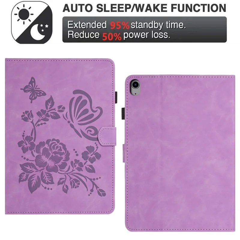 For Samsung Galaxy Tab S11 Case Card Holder Stand Butterfly Floral Imprinted Leather Tablet Cover - Light Purple