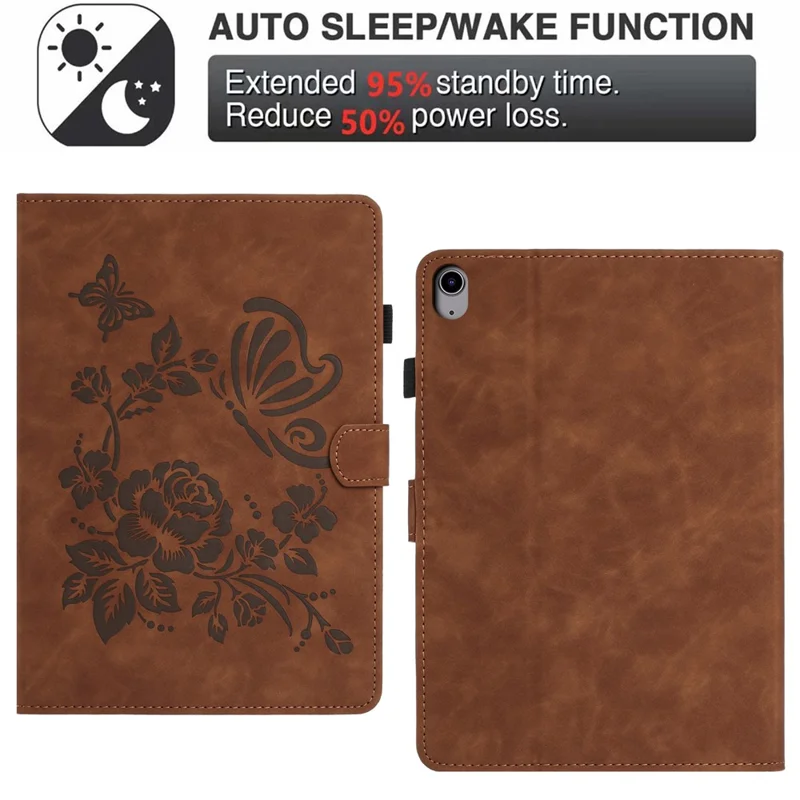Tablet Case For iPad Air 11 (2025)  /  (2024)  /  Air (2022)  /  (2020) Card Holder Stand Butterfly Floral Imprinted Leather Cover - Brown