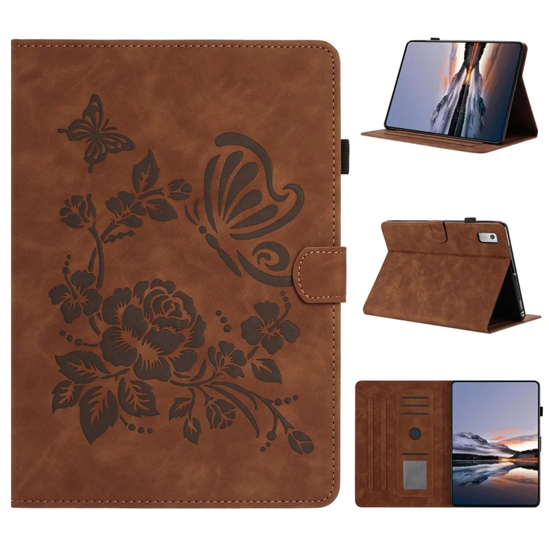For Lenovo Tab M9 TB-310FU Case Card Holder Stand Butterfly Floral Imprinted Leather Tablet Cover - Brown
