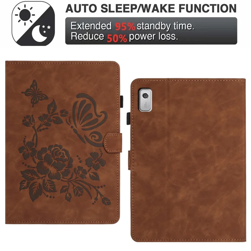 For Lenovo Tab M9 TB-310FU Case Card Holder Stand Butterfly Floral Imprinted Leather Tablet Cover - Brown