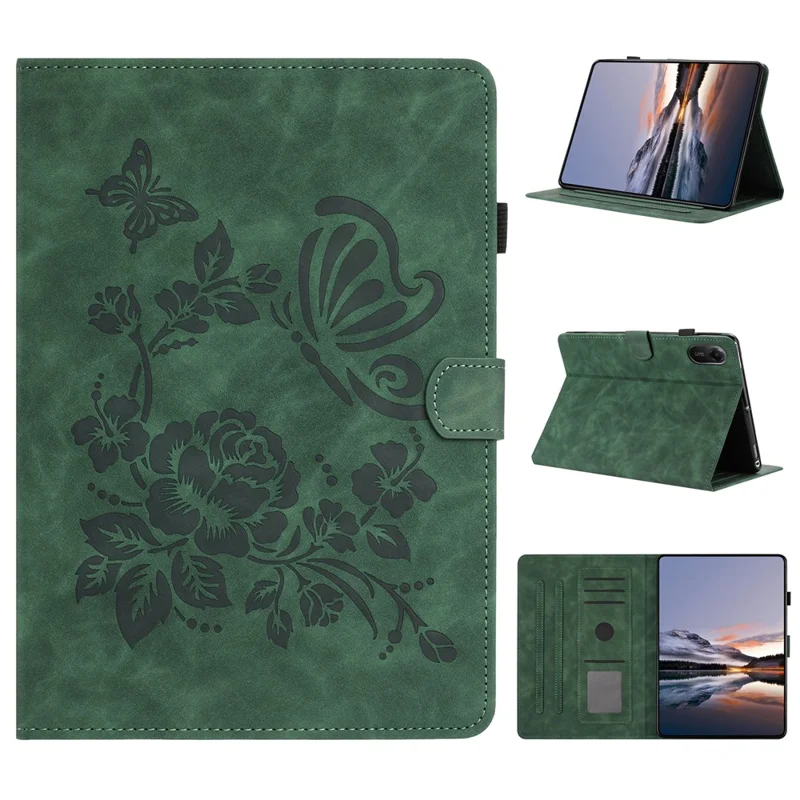 For Xiaomi Redmi Pad 2 Case Card Holder Stand Butterfly Floral Imprinted Leather Tablet Cover - Green