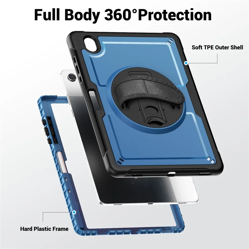 Cover per Samsung Galaxy Tab S10 Lite con Supporto a Cavalletto in PC + TPE con Cinturino da Polso - Blu Navy