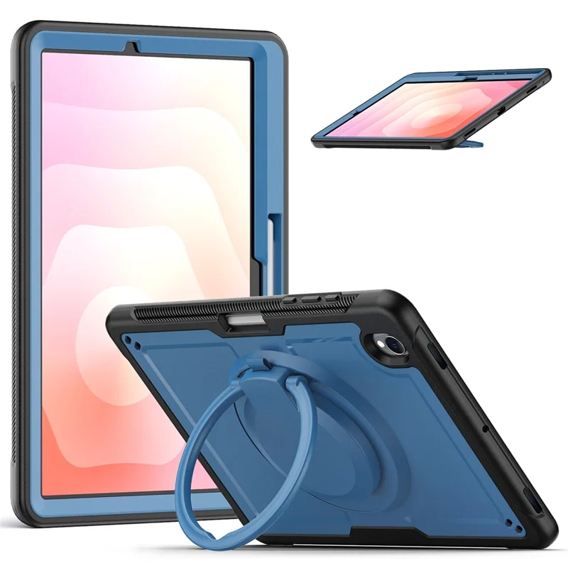 For Samsung Galaxy Tab S11 Case Rotating Kickstand PC + TPU Shockproof Tablet Cover with Shoulder Strap - Navy Blue