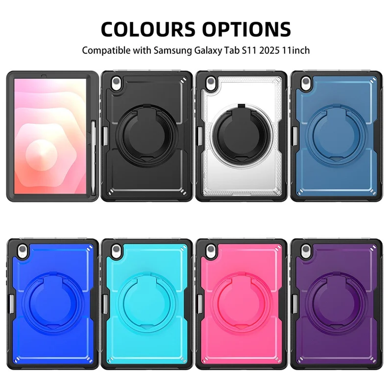 For Samsung Galaxy Tab S11 Case Rotating Kickstand PC + TPU Shockproof Tablet Cover with Shoulder Strap - Navy Blue