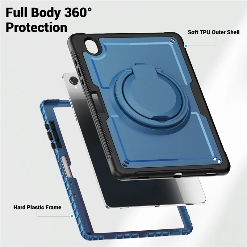 For Samsung Galaxy Tab S11 Case Rotating Kickstand PC + TPU Shockproof Tablet Cover with Shoulder Strap - Navy Blue