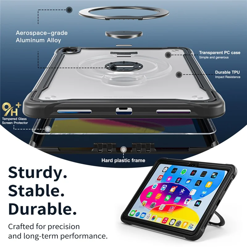 Kickstand Case for iPad (2025) / iPad 10.9 (2022) Drop Protection TPU + PC Tablet Cover with 9H Screen Film - Black