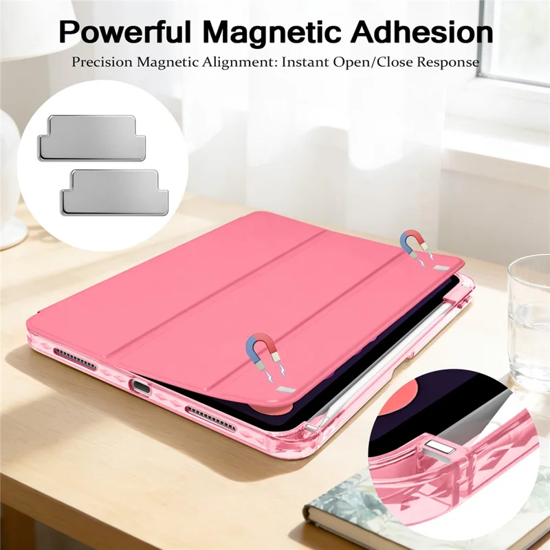 Tri-Fold Stand Case for iPad (2025) / iPad 10.9 (2022) PU + TPU + Clear Acrylic Back Tablet Cover Magnetic Closure - Rose