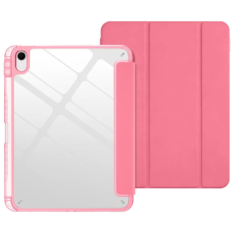 Tri-Fold Stand Case for iPad (2025) / iPad 10.9 (2022) PU + TPU + Clear Acrylic Back Tablet Cover Magnetic Closure - Rose