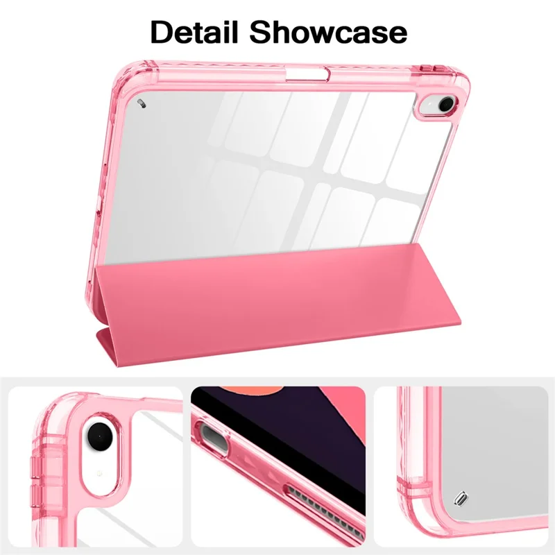 Tri-Fold Stand Case for iPad (2025) / iPad 10.9 (2022) PU + TPU + Clear Acrylic Back Tablet Cover Magnetic Closure - Rose