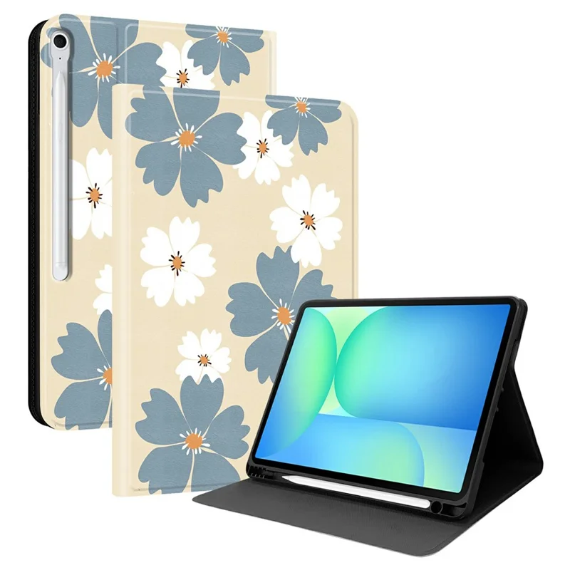 For Samsung Galaxy Tab S10 FE+ PU Leather Case Pattern Print Tablet Cover Stand with Pen Slot (Stylus Not Included)  - Blue Daisies