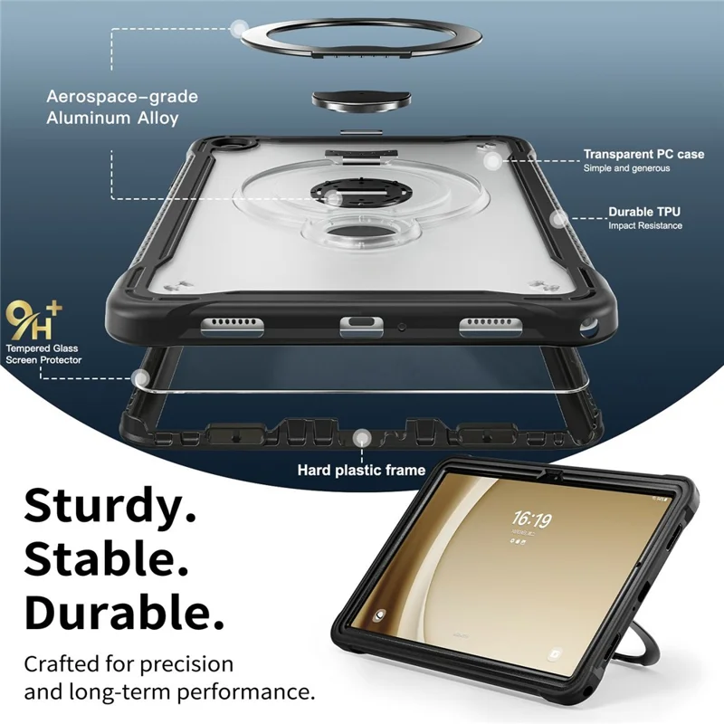 Kickstand Case with Shoulder Strap / Screen Film for Samsung Galaxy Tab A9+ Drop Protection TPU + PC Tablet Cover - Black