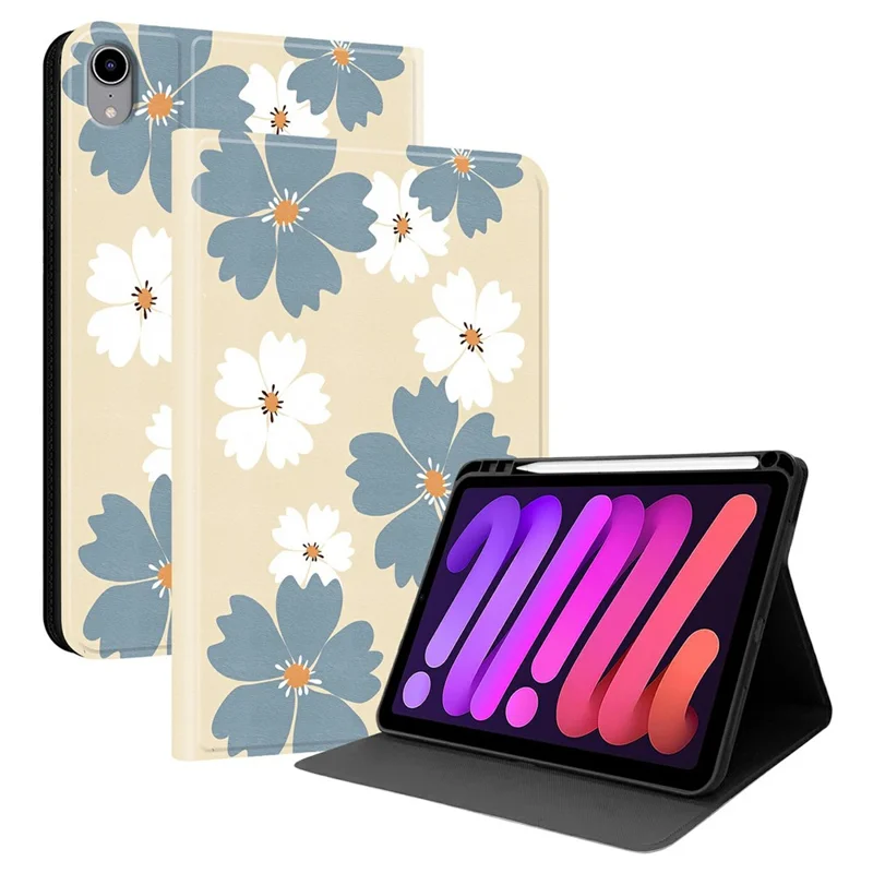 For iPad mini (2024) PU Leather Case Pattern Print Tablet Cover Stand with Pen Slot (Stylus Not Included) - Blue Daisies