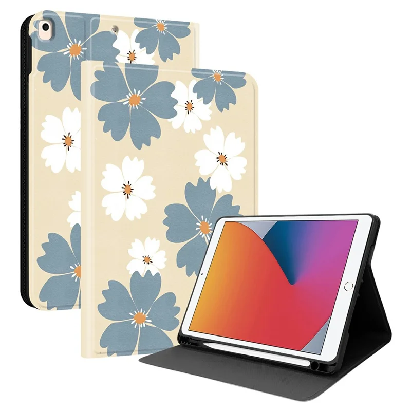 PU Leather Case For iPad 10.2 (2021)  /  (2019)  /  (2020) Pattern Print Tablet Cover Stand with Pen Slot (Stylus Not Included) - Blue Daisies