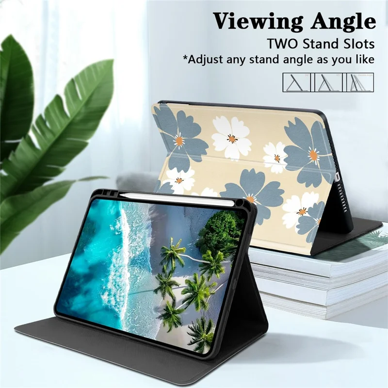 PU Leather Case For iPad 10.2 (2021)  /  (2019)  /  (2020) Pattern Print Tablet Cover Stand with Pen Slot (Stylus Not Included) - Blue Daisies