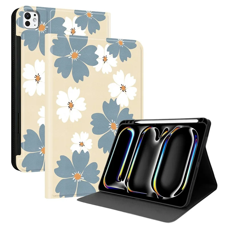 For iPad Pro 11 (2024) PU Leather Case Pattern Print Tablet Cover Stand with Pen Slot (Stylus Not Included) - Blue Daisies