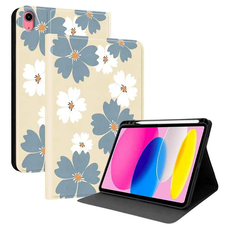 PU Leather Case For iPad (2025)  /  10.9 (2022) Pattern Print Tablet Cover Stand with Pen Slot (Stylus Not Included) - Blue Daisies