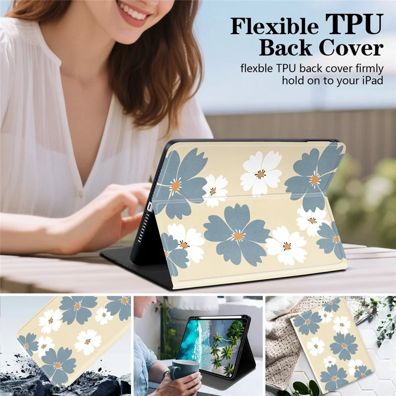 PU Leather Case For iPad (2025)  /  10.9 (2022) Pattern Print Tablet Cover Stand with Pen Slot (Stylus Not Included) - Blue Daisies