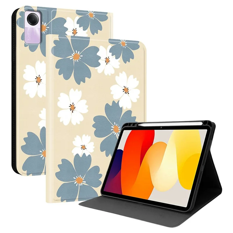 For Xiaomi Redmi Pad SE PU Leather Case Pattern Print Tablet Cover Stand with Pen Slot (Stylus Not Included) - Blue Daisies