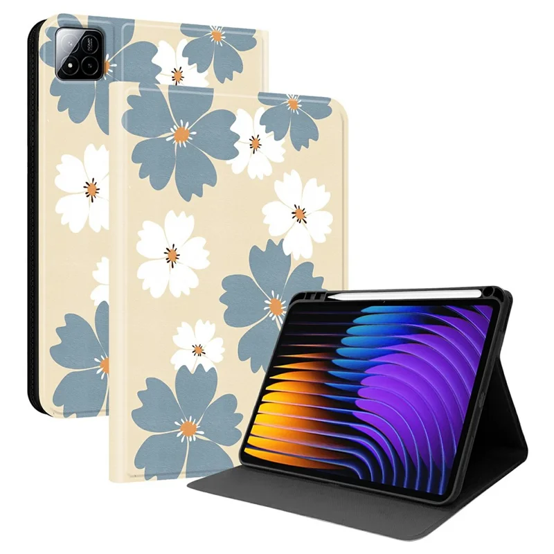 PU Leather Case For Xiaomi Poco Pad X1 / Pad 8 Pro / Pad 8 / Pad 7 Pro / Pad 7 Pattern Print Tablet Cover Stand with Pen Slot (Stylus Not Included)  - Blue Daisies
