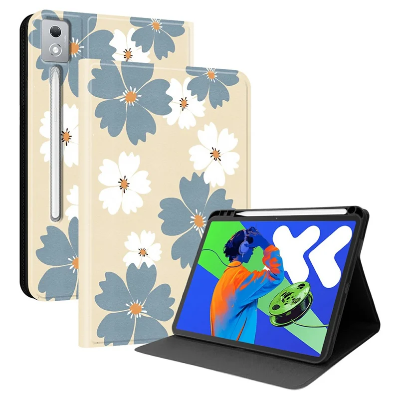 For Lenovo Tab P12 Pro 12.7 2025 PU Leather Case Pattern Print Tablet Cover Stand with Pen Slot (Stylus Not Included)  - Blue Daisies