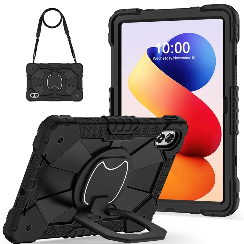 Tablet Case For Xiaomi Redmi Pad 2 Pro Silicone + PC Hand Grip Kickstand Cover with Shoulder Strap - Black / Black