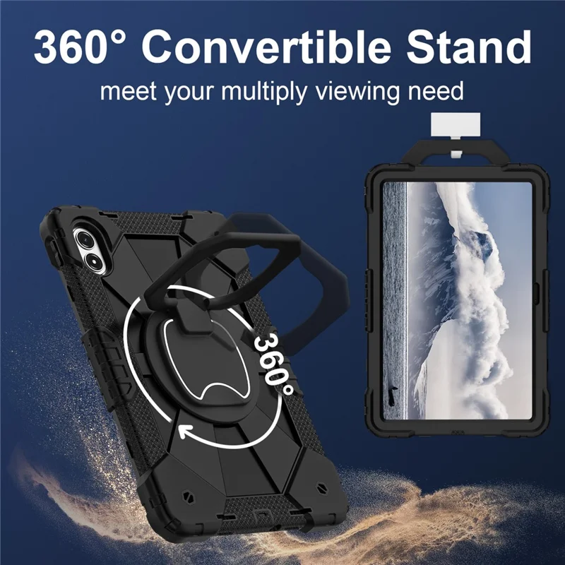 Tablet Case For Xiaomi Redmi Pad 2 Pro Silicone + PC Hand Grip Kickstand Cover with Shoulder Strap - Black / Black