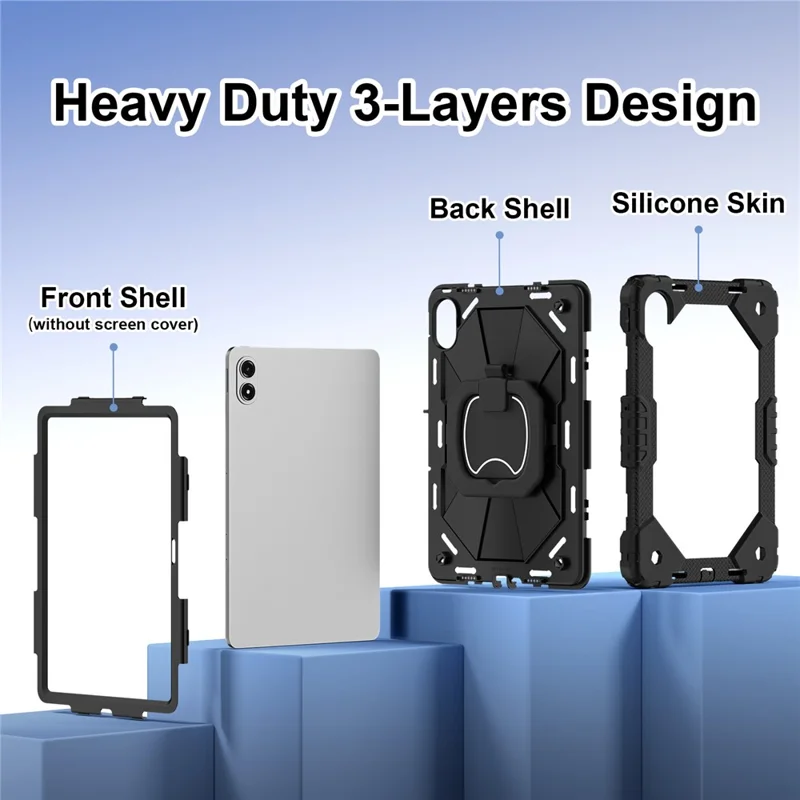 Tablet Case For Xiaomi Redmi Pad 2 Pro Silicone + PC Hand Grip Kickstand Cover with Shoulder Strap - Black / Black