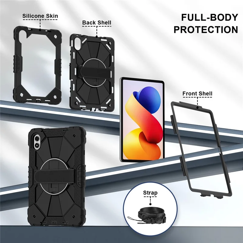 Tablet Case For Xiaomi Redmi Pad 2 Pro Silicone + PC Kickstand Cover with Handy Strap - Black / Black