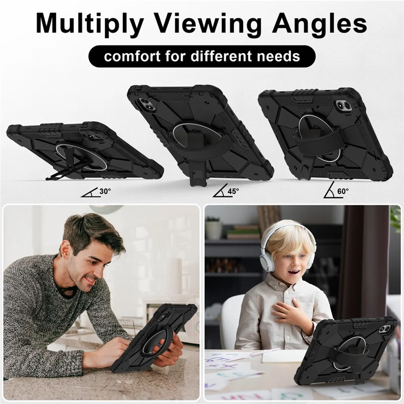 Tablet Case For Xiaomi Redmi Pad 2 Pro Silicone + PC Kickstand Cover with Handy Strap - Black / Black