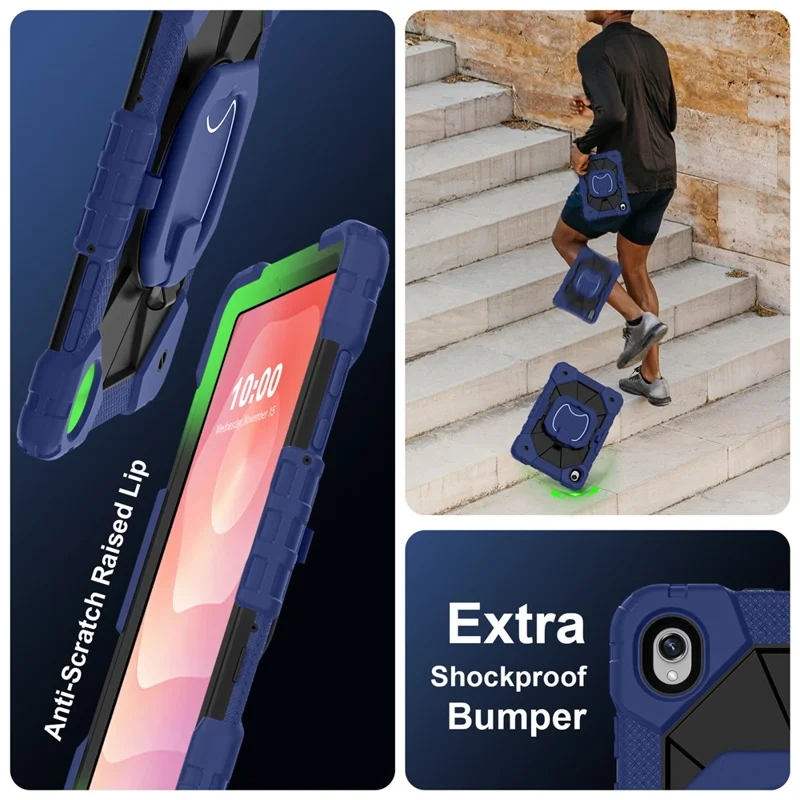 Tablet Case For Samsung Galaxy Tab S11 Silicone + PC Hand Grip Kickstand Cover with Shoulder Strap - Navy Blue / Black