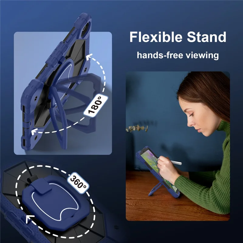 Tablet Case For Samsung Galaxy Tab S11 Silicone + PC Hand Grip Kickstand Cover with Shoulder Strap - Navy Blue / Black