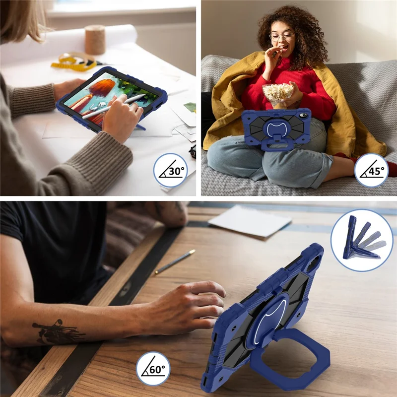 Tablet Case For Samsung Galaxy Tab S11 Silicone + PC Hand Grip Kickstand Cover with Shoulder Strap - Navy Blue / Black