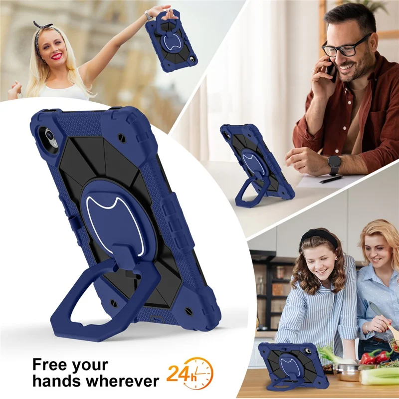 Tablet Case For Samsung Galaxy Tab S11 Silicone + PC Hand Grip Kickstand Cover with Shoulder Strap - Navy Blue / Black