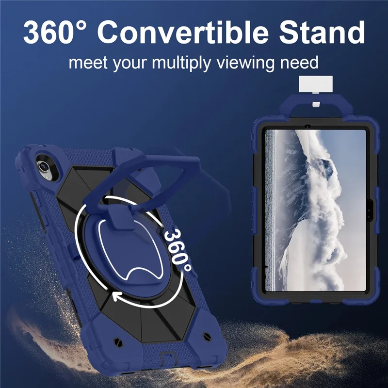 Tablet Case For Samsung Galaxy Tab S11 Silicone + PC Hand Grip Kickstand Cover with Shoulder Strap - Navy Blue / Black