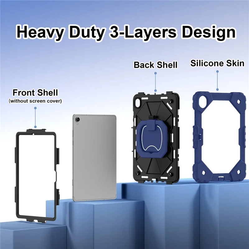 Tablet Case For Samsung Galaxy Tab S11 Silicone + PC Hand Grip Kickstand Cover with Shoulder Strap - Navy Blue / Black