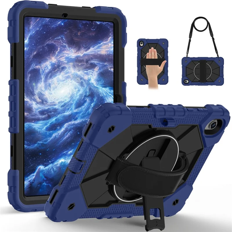 Tablet Case For Samsung Galaxy Tab S11 Silicone + PC Kickstand Cover with Handy Strap - Navy Blue / Black