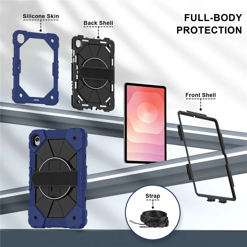 Tablet Case For Samsung Galaxy Tab S11 Silicone + PC Kickstand Cover with Handy Strap - Navy Blue / Black