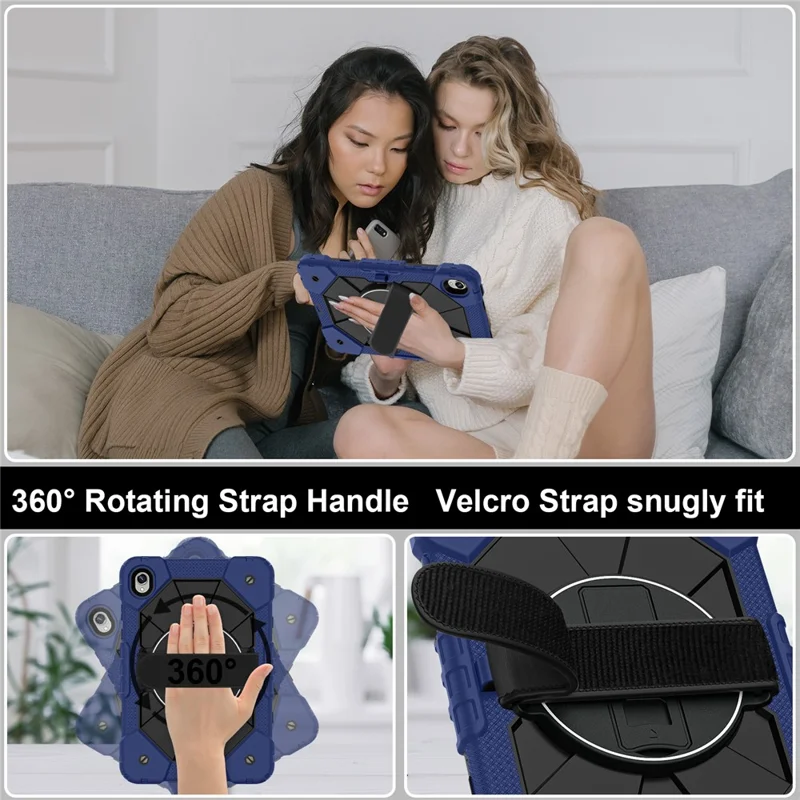 Tablet Case For Samsung Galaxy Tab S11 Silicone + PC Kickstand Cover with Handy Strap - Navy Blue / Black