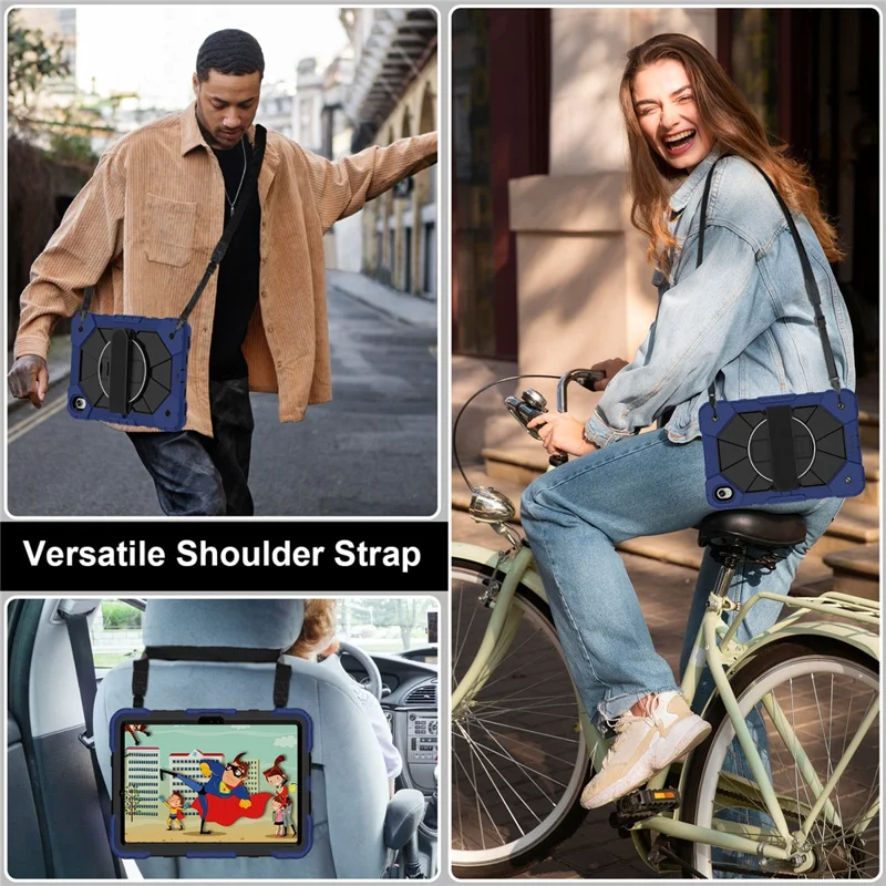 Tablet Case For Samsung Galaxy Tab S11 Silicone + PC Kickstand Cover with Handy Strap - Navy Blue / Black